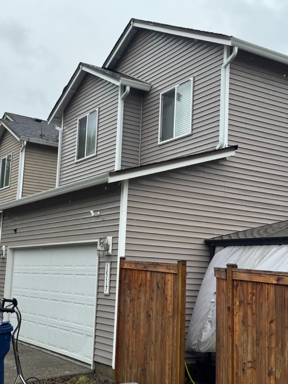 House Exterior Wash — Before - House face and roof wash in King County WA — after